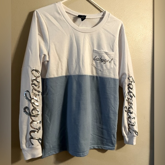 Rue21 “Baby girl” silver sequin long sleeve shirt sweatshirt colorblock cute! - Picture 1 of 8
